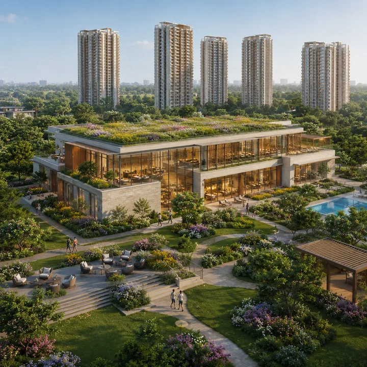 Nikoo Homes 9 signature clubhouse with green roof and glazed frontage set within the landscaped grounds, towers rising behind