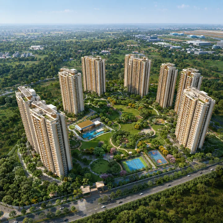 Nikoo Homes 9 offset high-rise tower cluster over the central park at KIADB Aerospace Park, Bagalur