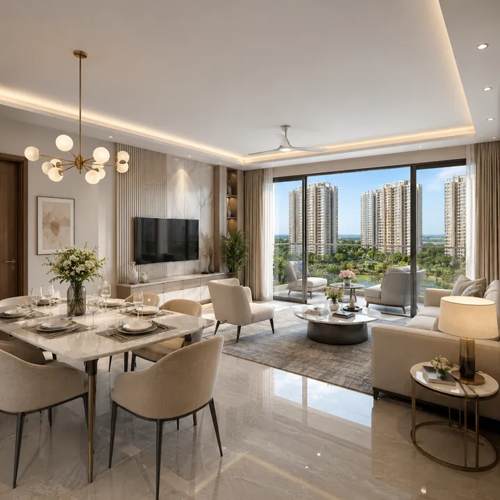 Nikoo Homes 9 representative living-dining interior with balcony aspect framing views of the towers and greens