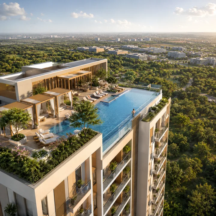 Nikoo Homes 9 rooftop infinity pool and deck with cabanas atop a tower, overlooking the North Bengaluru greens
