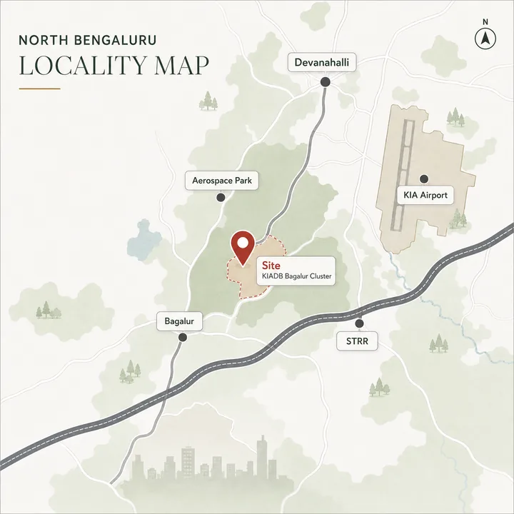 Nikoo Homes 9 location map showing the KIADB Bagalur cluster site, Bagalur, KIADB Aerospace Park, Devanahalli, the STRR and Kempegowda International Airport in North Bengaluru